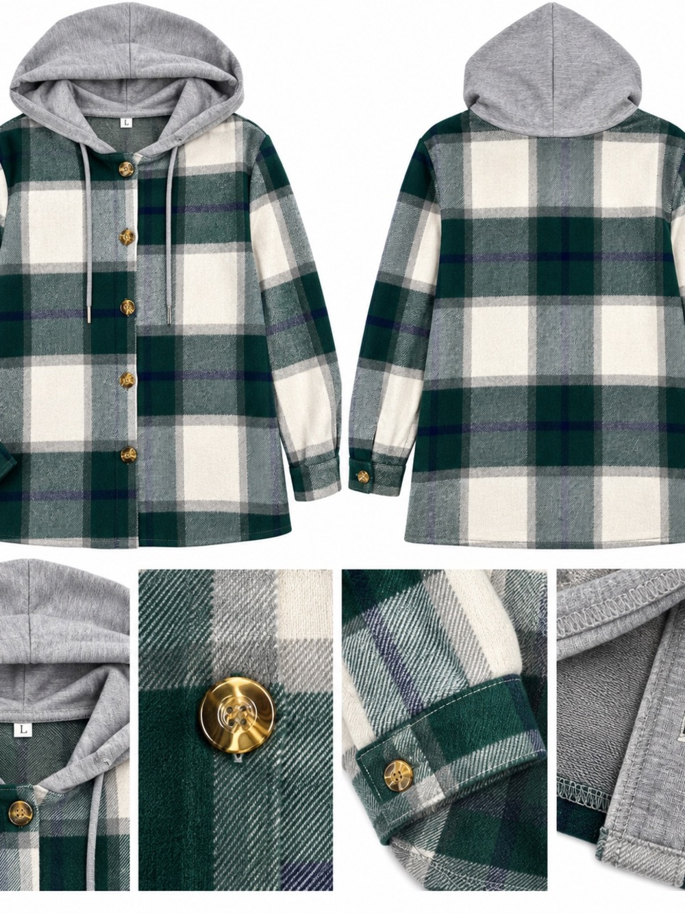 Women’s Plaid Hooded Shacket Size L Green Cream Gray Gold Button Shirt Jacket